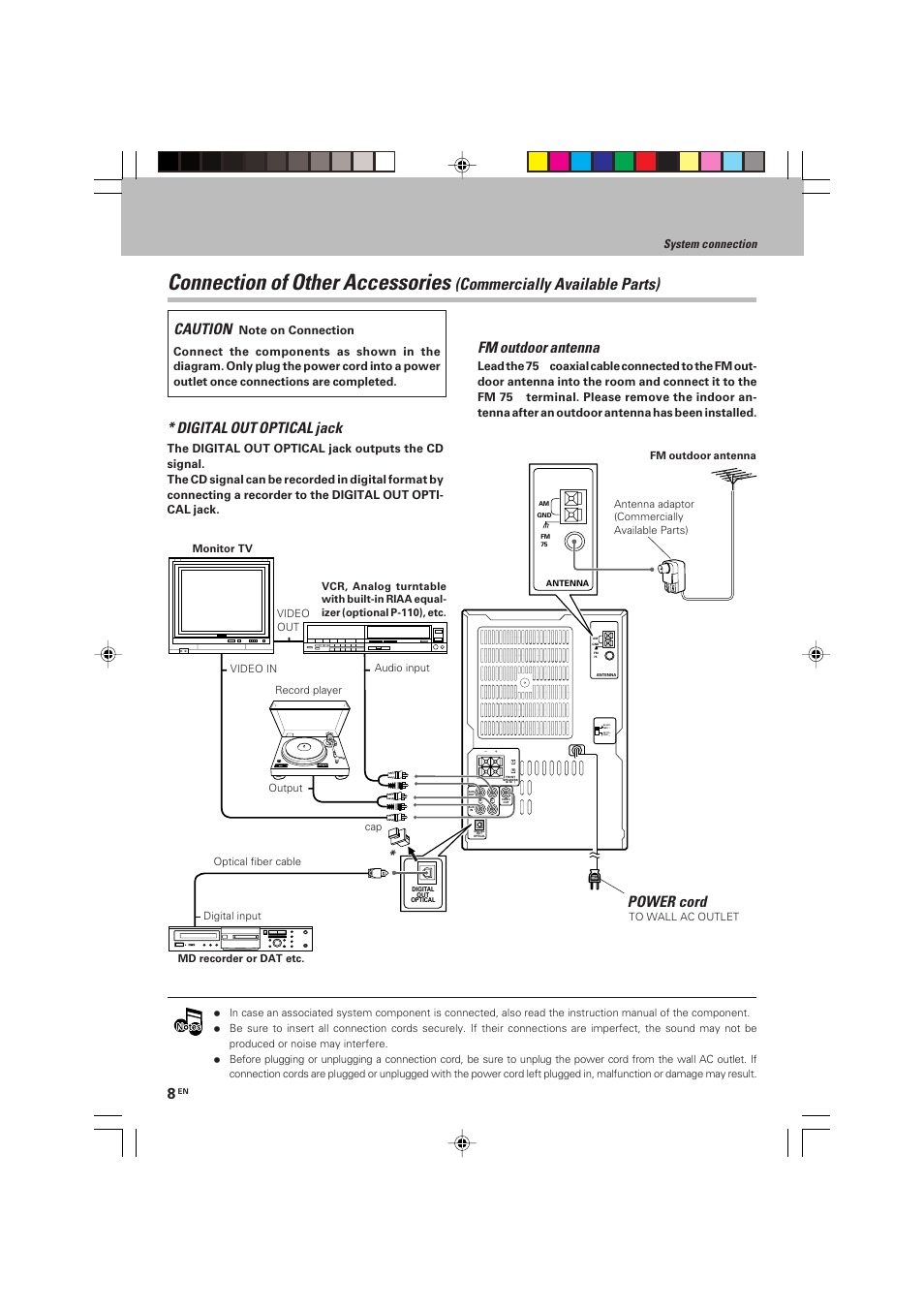 Connection of other accessories, Commercially available parts), Fm outdoor antenna | Power cord, Digital out optical jack, Caution, System connection | Kenwood HM-V655MP User Manual | Page 8 / 56