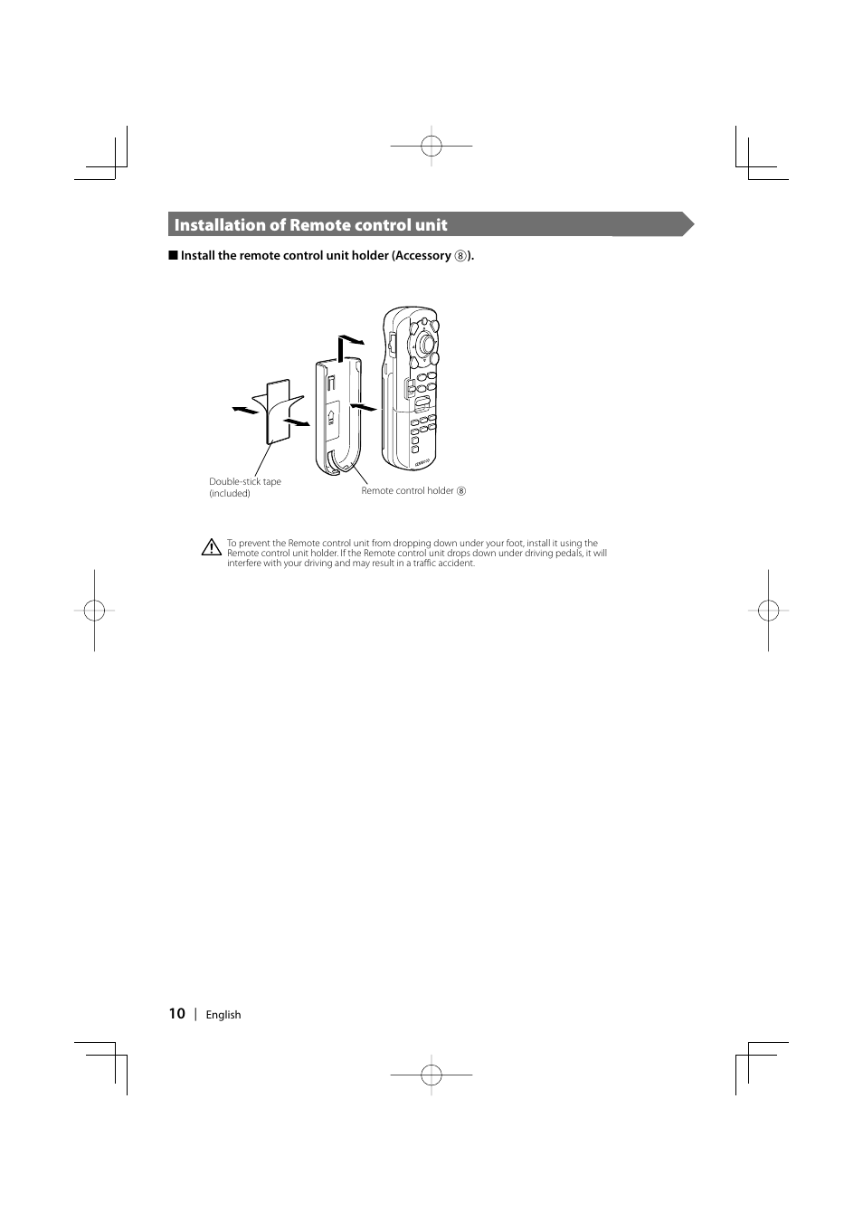 Installation of remote control unit | Kenwood DDX8047 User Manual | Page 10 / 44