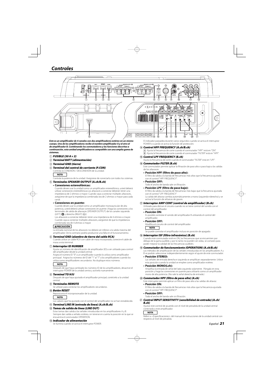 Controles | Kenwood KAC-X542 User Manual | Page 21 / 28