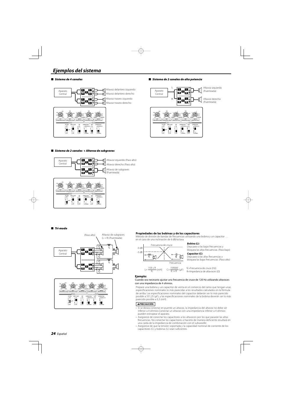 Ejemplos del sistema, Español, Tri-modo | Propiedades de las bobinas y de los capacitores, Ejemplo, Lc c | Kenwood KAC-X542 User Manual | Page 24 / 28