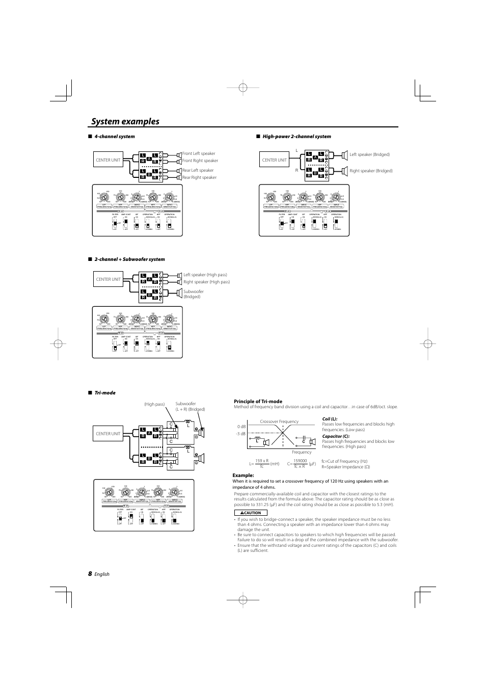 System examples, English, Tri-mode | Principle of tri-mode, Example, Channel system ■ high-power 2-channel system, Channel + subwoofer system, Right speaker (bridged) left speaker (bridged), Lc c | Kenwood KAC-X542 User Manual | Page 8 / 28