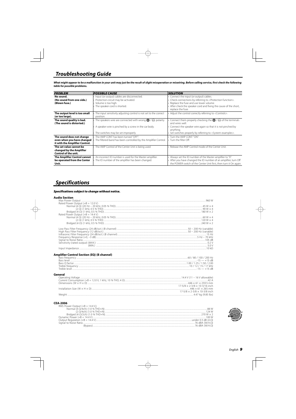 Troubleshooting guide, Specifications | Kenwood KAC-X542 User Manual | Page 9 / 28