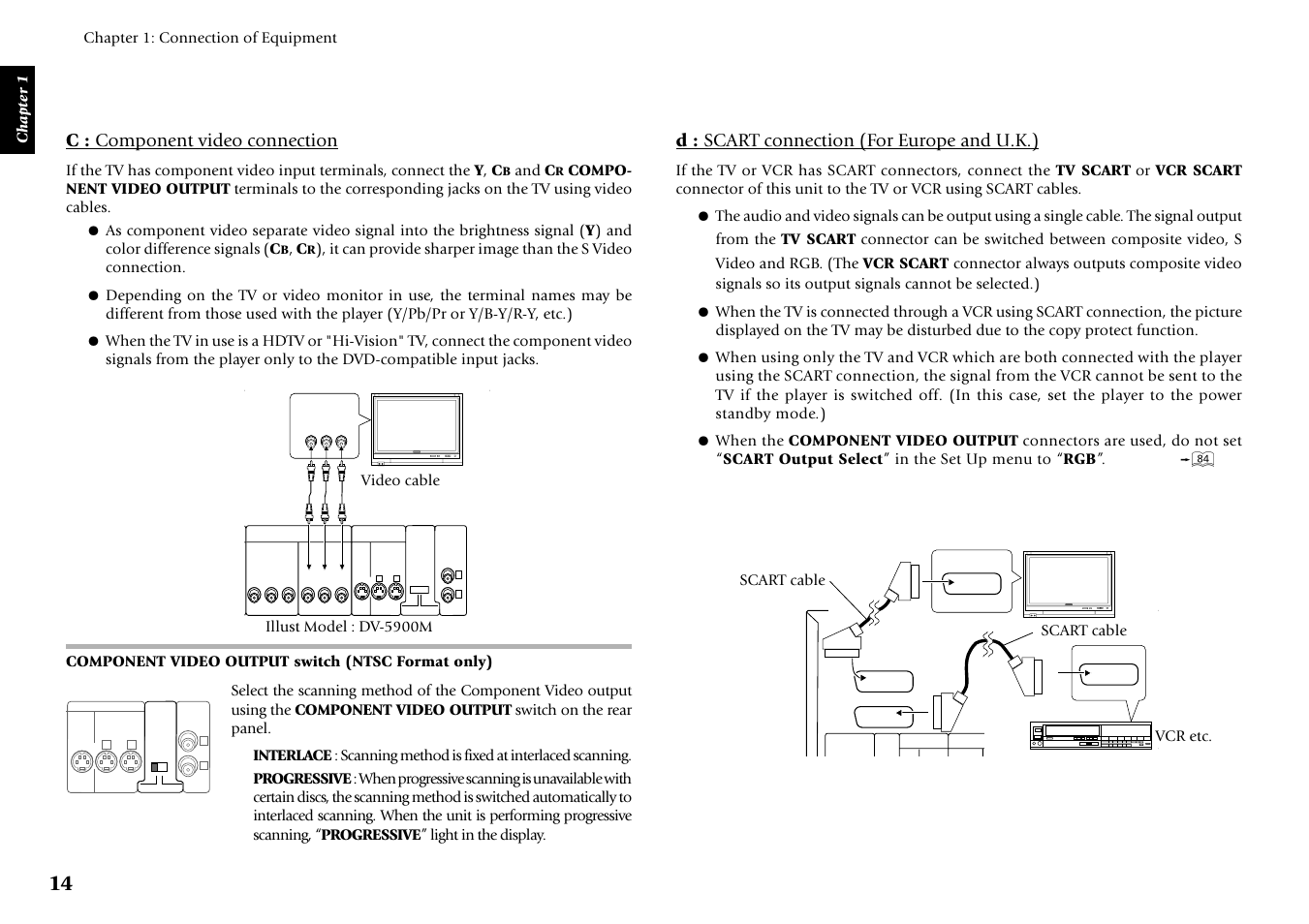 C : component video connection, D : scart connection (for europe and u.k.), And c | Video cable, Scart cable | Kenwood DVF-J6050 User Manual | Page 14 / 96