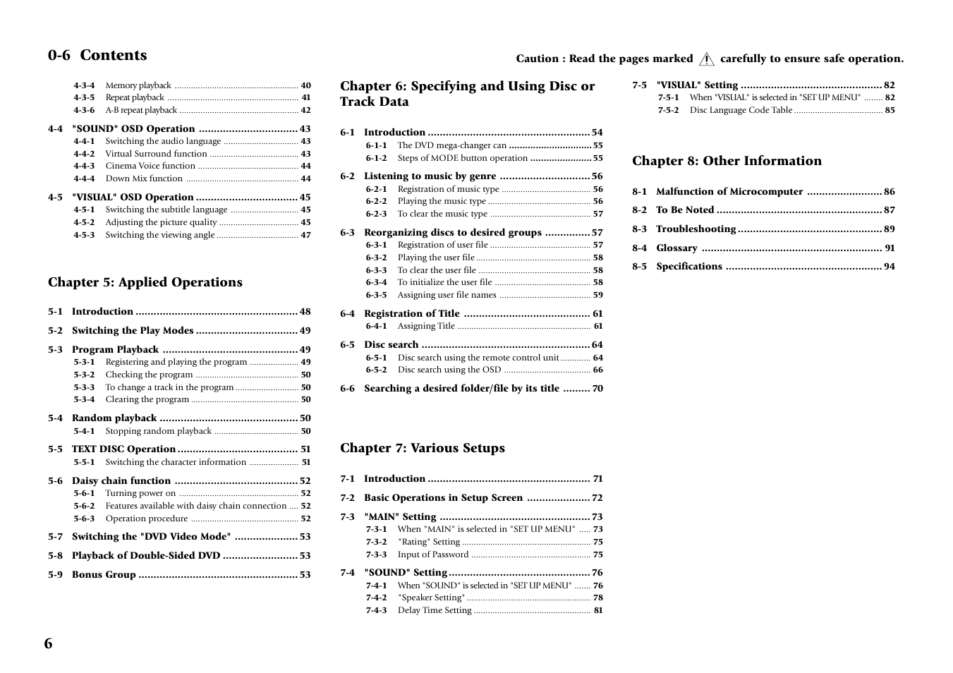 6 contents, Chapter 5: applied operations, Chapter 6: specifying and using disc or track data | Chapter 7: various setups, Chapter 8: other information | Kenwood DVF-J6050 User Manual | Page 6 / 96