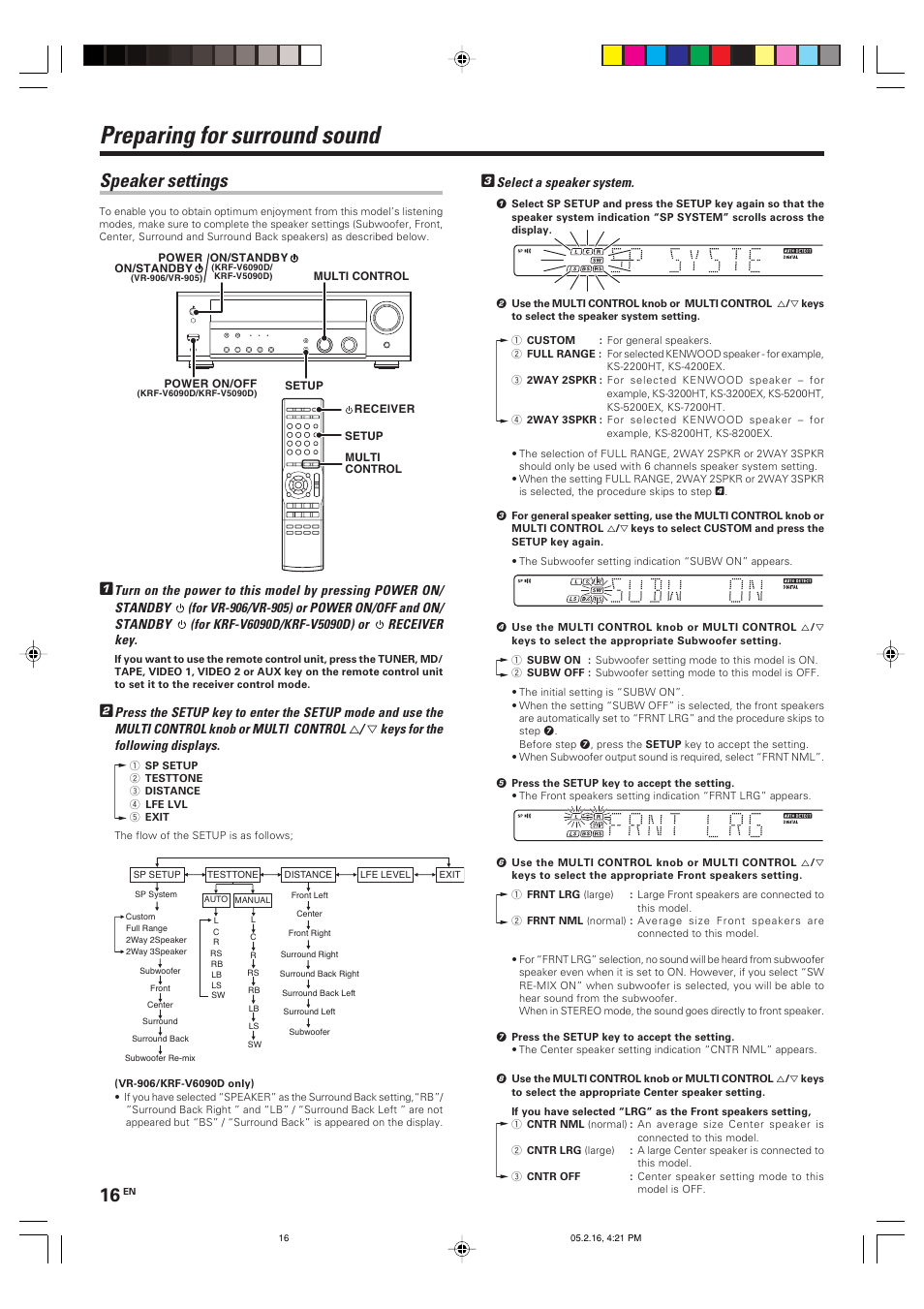 Preparing for surround sound, Speaker settings | Kenwood KRF-V6090D User Manual | Page 16 / 32