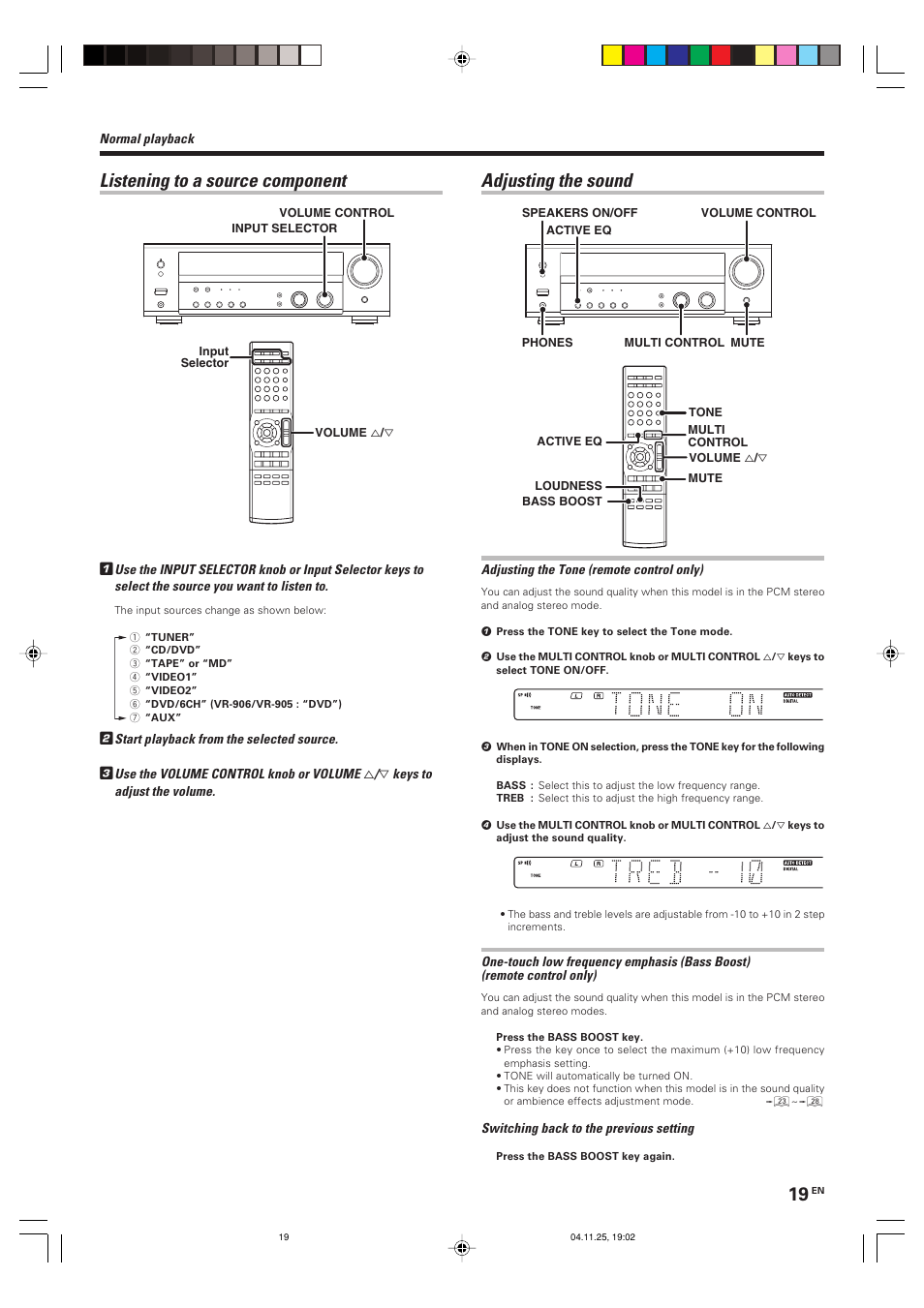 Listening to a source component, Adjusting the sound | Kenwood KRF-V6090D User Manual | Page 19 / 32