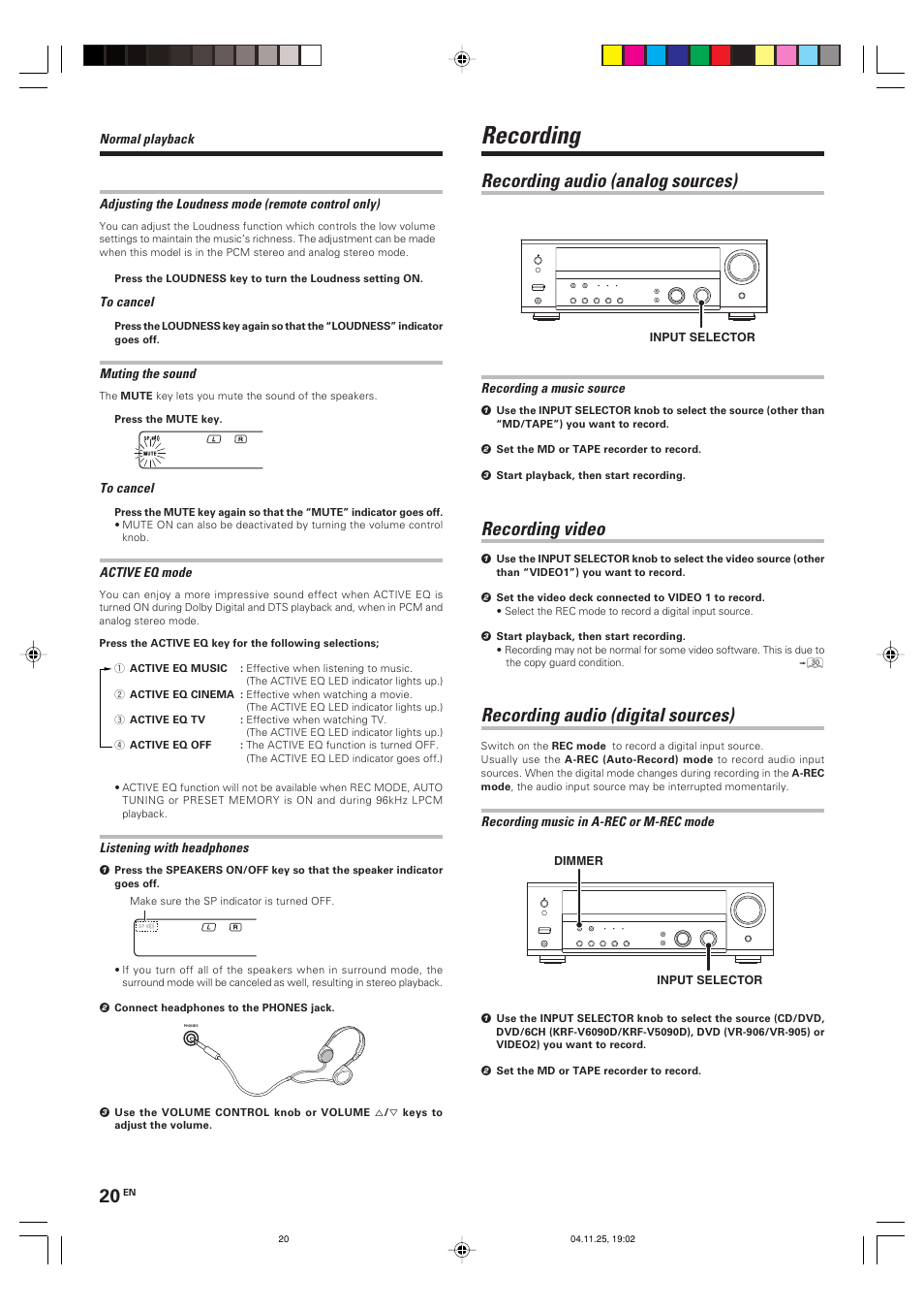 Recording, Recording audio (analog sources), Recording video | Recording audio (digital sources) | Kenwood KRF-V6090D User Manual | Page 20 / 32