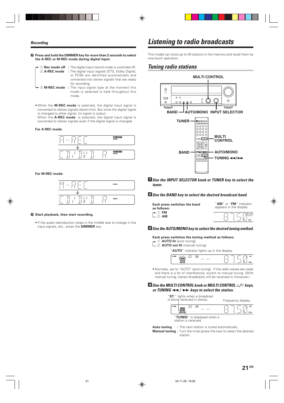 Listening to radio broadcasts, Tuning radio stations | Kenwood KRF-V6090D User Manual | Page 21 / 32