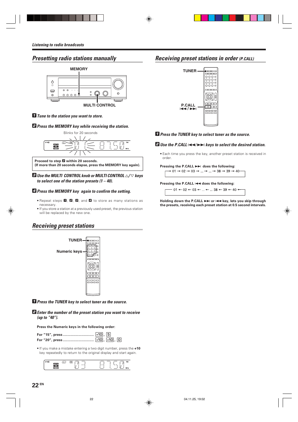 Presetting radio stations manually, Receiving preset stations, Receiving preset stations in order | Kenwood KRF-V6090D User Manual | Page 22 / 32