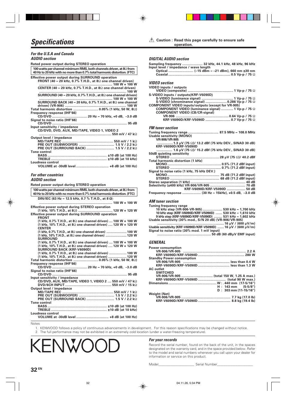 Specifications | Kenwood KRF-V6090D User Manual | Page 32 / 32