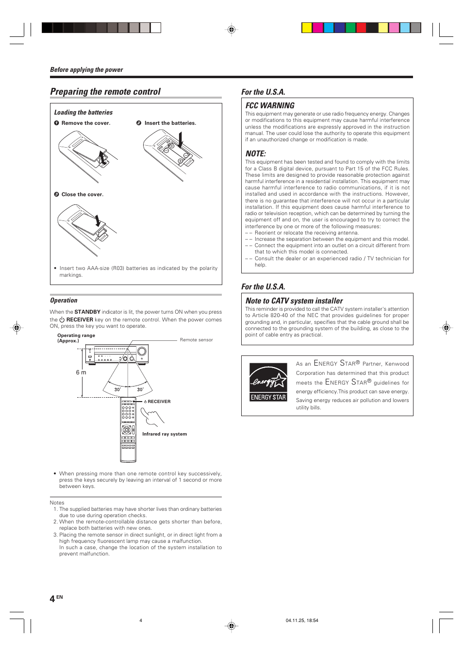 Preparing the remote control, Fcc warning, For the u.s.a | Kenwood KRF-V6090D User Manual | Page 4 / 32