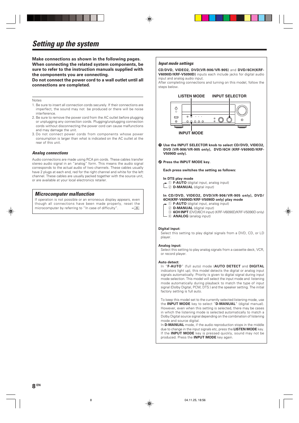 Setting up the system, Microcomputer malfunction | Kenwood KRF-V6090D User Manual | Page 8 / 32