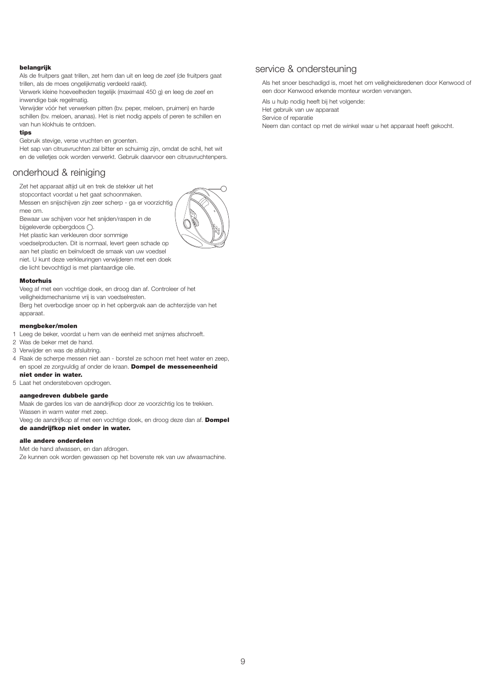 Onderhoud & reiniging, Service & ondersteuning | Kenwood FP693 User Manual | Page 11 / 42