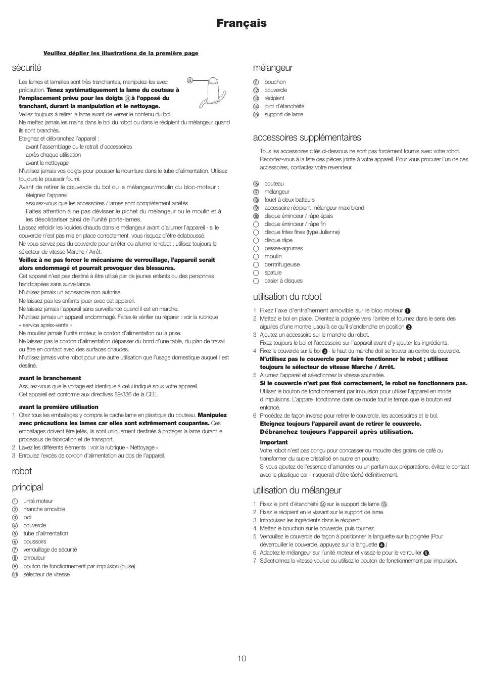 Français, Mélangeur, Accessoires supplémentaires | Utilisation du robot, Utilisation du mélangeur, Sécurité, Robot principal | Kenwood FP693 User Manual | Page 12 / 42