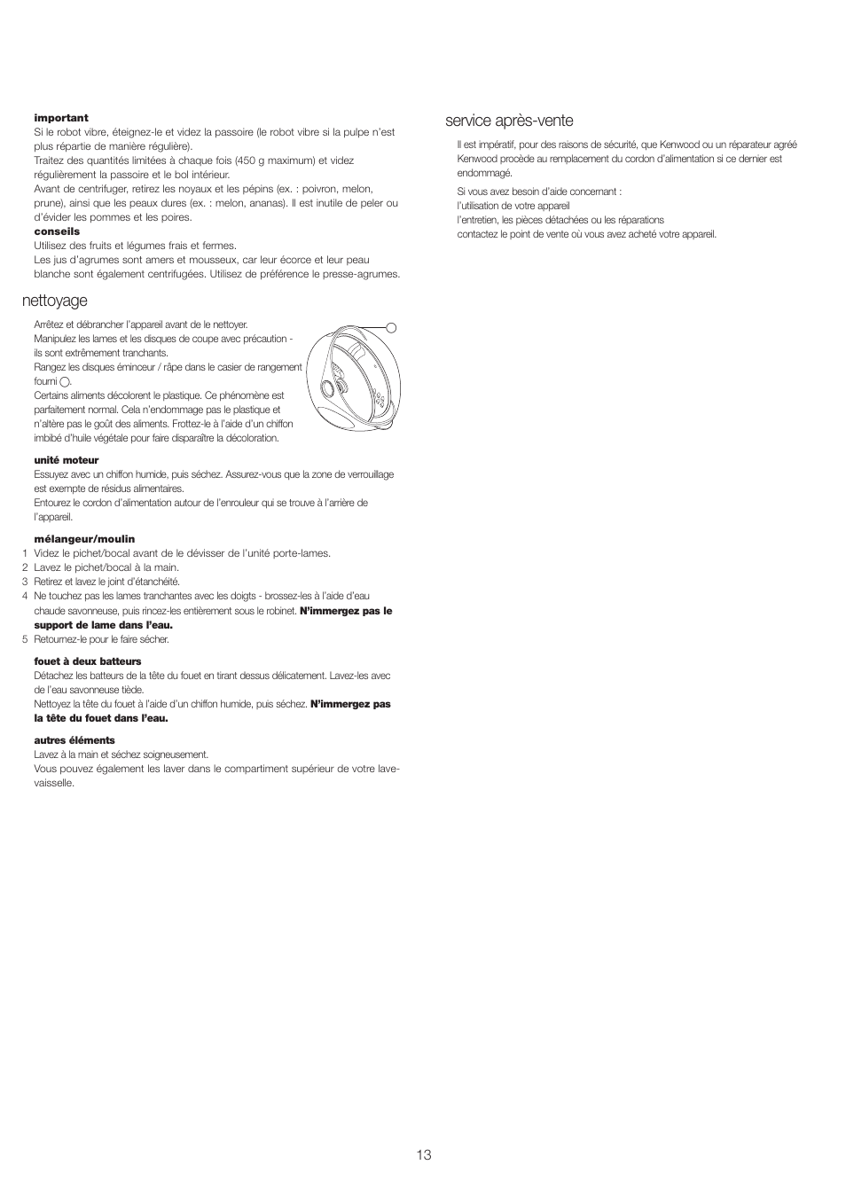 Nettoyage, Service après-vente | Kenwood FP693 User Manual | Page 15 / 42