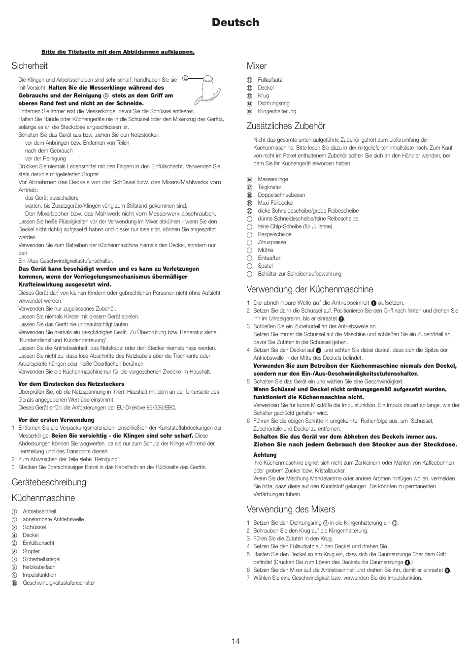 Deutsch, Mixer, Zusätzliches zubehör | Verwendung der küchenmaschine, Verwendung des mixers, Sicherheit, Gerätebeschreibung küchenmaschine | Kenwood FP693 User Manual | Page 16 / 42