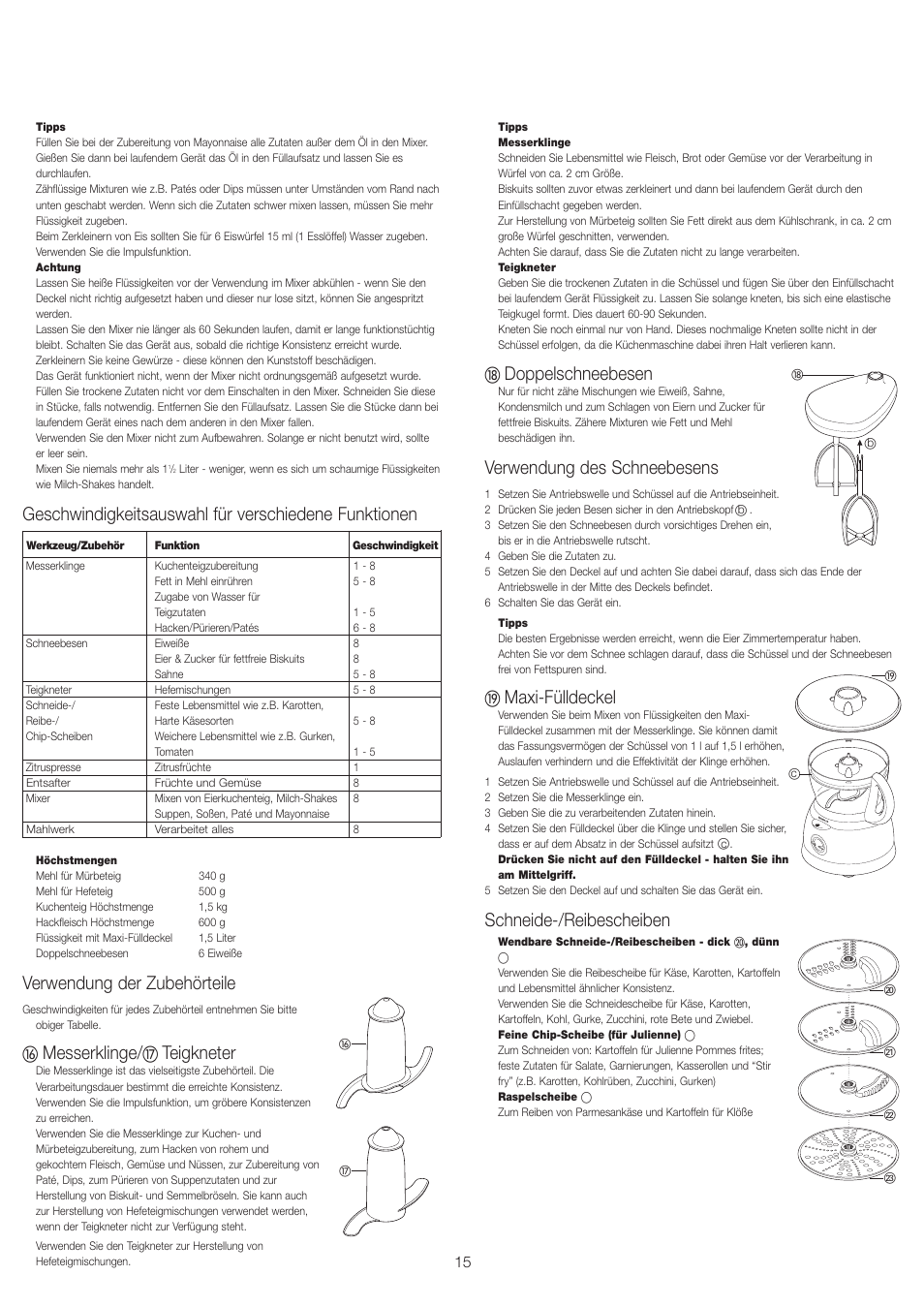 Verwendung der zubehörteile, Messerklinge, Teigkneter | Doppelschneebesen, Verwendung des schneebesens, Maxi-fülldeckel, Schneide-/reibescheiben | Kenwood FP693 User Manual | Page 17 / 42