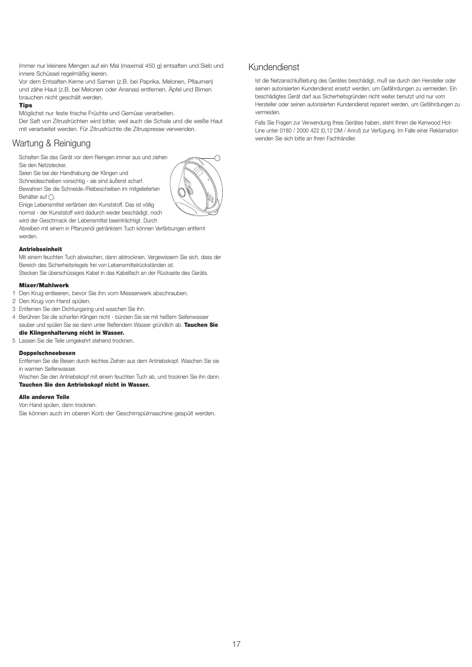 Wartung & reinigung, Kundendienst | Kenwood FP693 User Manual | Page 19 / 42