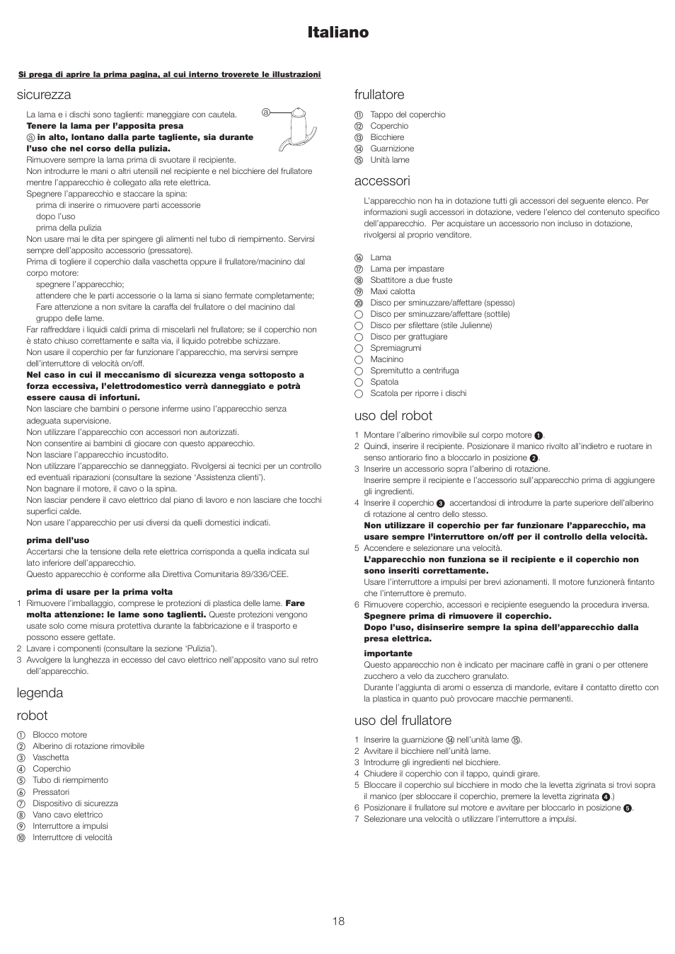 Italiano, Frullatore, Accessori | Uso del robot, Uso del frullatore, Sicurezza, Legenda robot | Kenwood FP693 User Manual | Page 20 / 42