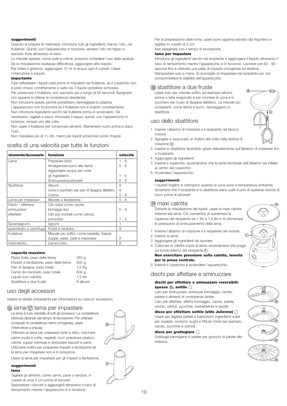 Scelta di una velocità per tutte le funzioni, Uso degli accessori, Lama | Lama per impastare, Sbattitore a due fruste, Uso dello sbattitore, Maxi calotta, Dischi per affettare e sminuzzare | Kenwood FP693 User Manual | Page 21 / 42