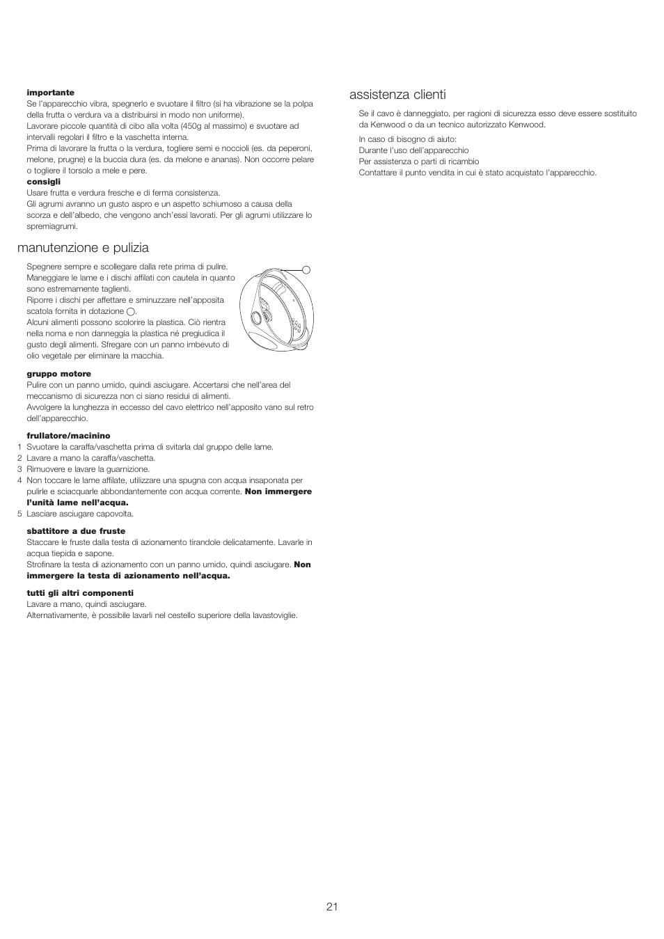 Manutenzione e pulizia, Assistenza clienti | Kenwood FP693 User Manual | Page 23 / 42