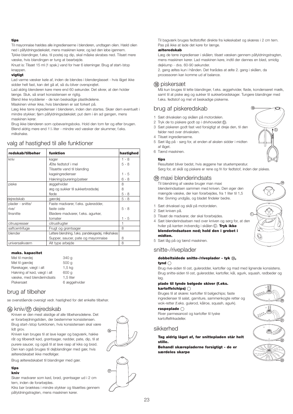 Valg af hastighed til alle funktioner, Brug af tilbehør, Kniv | Dejredskab, Piskersæt, Brug af piskeredskab, Maxi blenderindsats, Snitte-/riveplader, Sikkerhed | Kenwood FP693 User Manual | Page 25 / 42