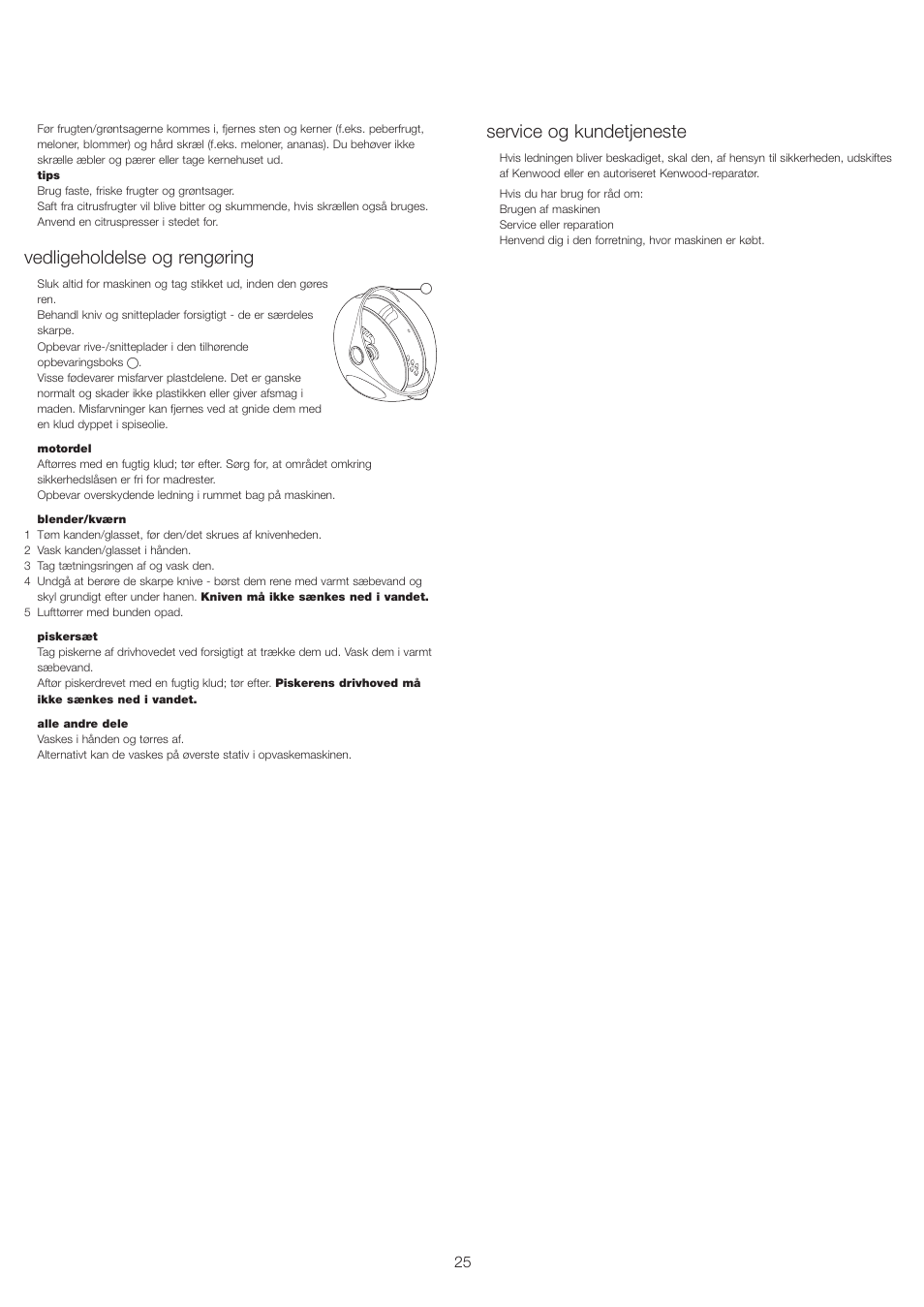 Vedligeholdelse og rengøring, Service og kundetjeneste | Kenwood FP693 User Manual | Page 27 / 42