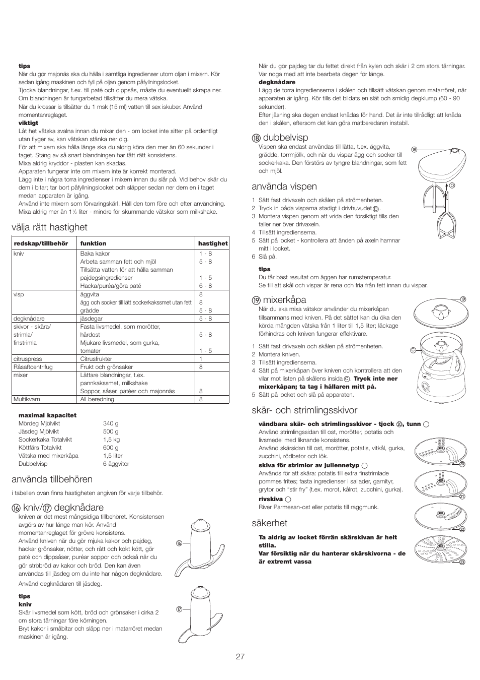 Välja rätt hastighet, Använda tillbehören, Kniv | Degknådare, Dubbelvisp, Använda vispen, Mixerkåpa, Skär- och strimlingsskivor, Säkerhet | Kenwood FP693 User Manual | Page 29 / 42