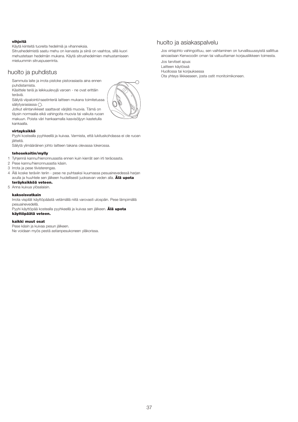 Huolto ja puhdistus, Huolto ja asiakaspalvelu | Kenwood FP693 User Manual | Page 39 / 42