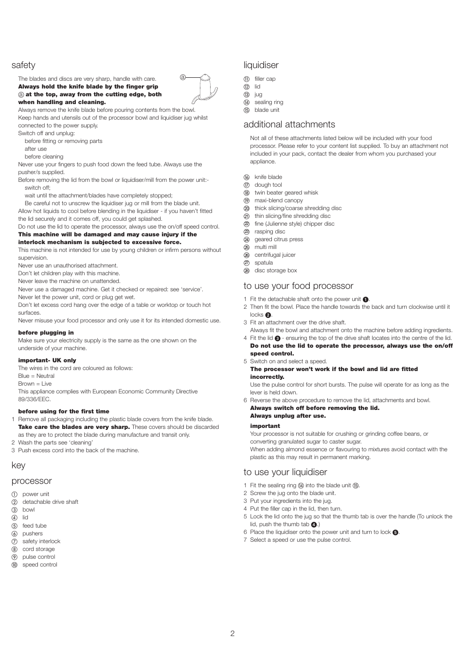 Liquidiser, Additional attachments, Safety | Key processor | Kenwood FP693 User Manual | Page 4 / 42