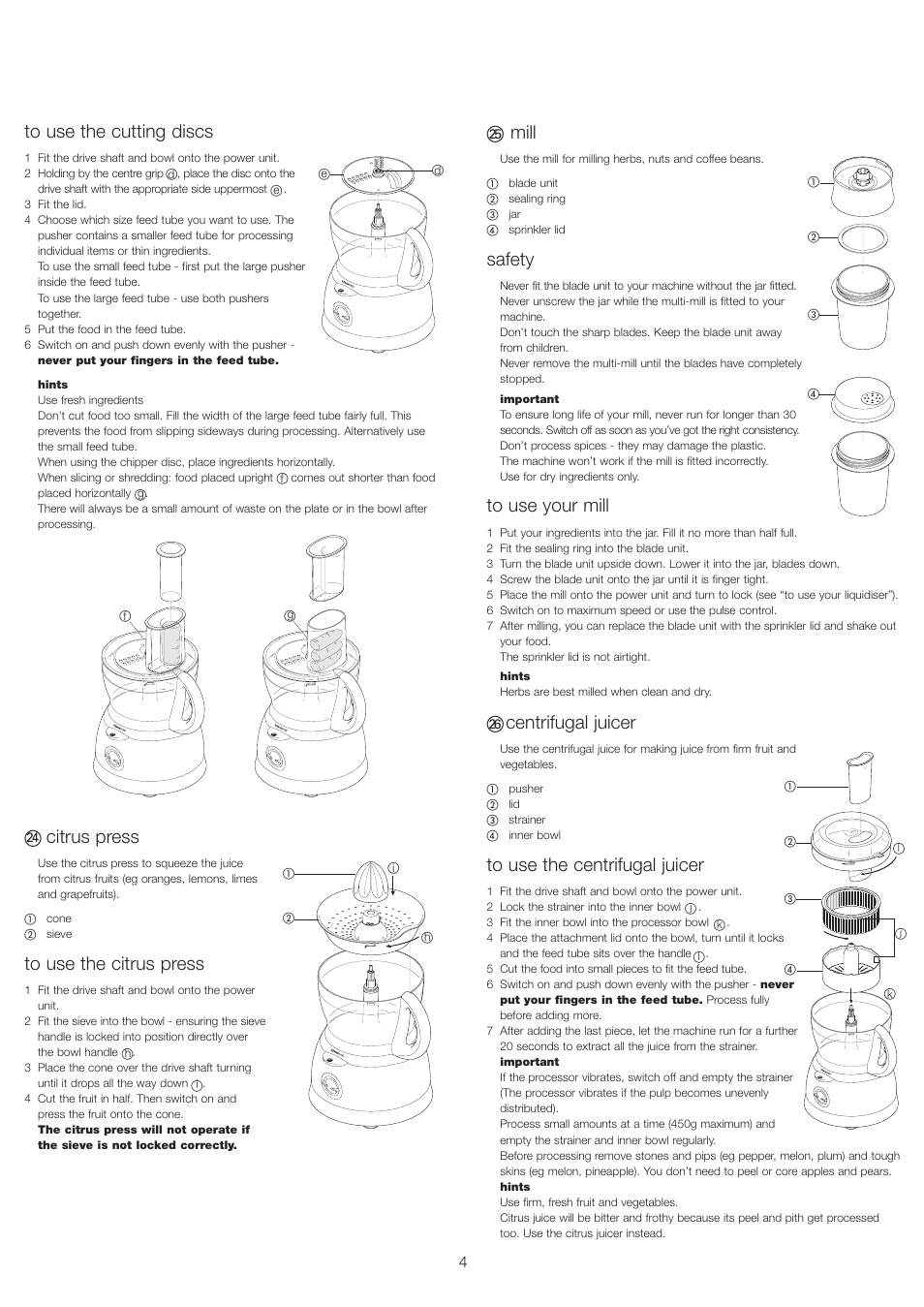 Citrus press, Mill, Safety | Centrifugal juicer | Kenwood FP693 User Manual | Page 6 / 42
