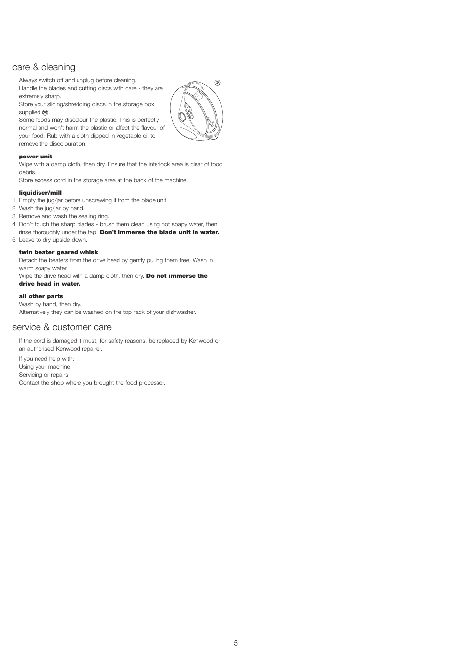 Care & cleaning, Service & customer care | Kenwood FP693 User Manual | Page 7 / 42