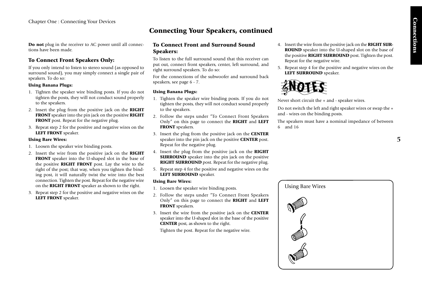 To connect front speakers only, To connect front and surround sound speakers, Connecting your speakers, continued | Kenwood VR-5080 User Manual | Page 11 / 60