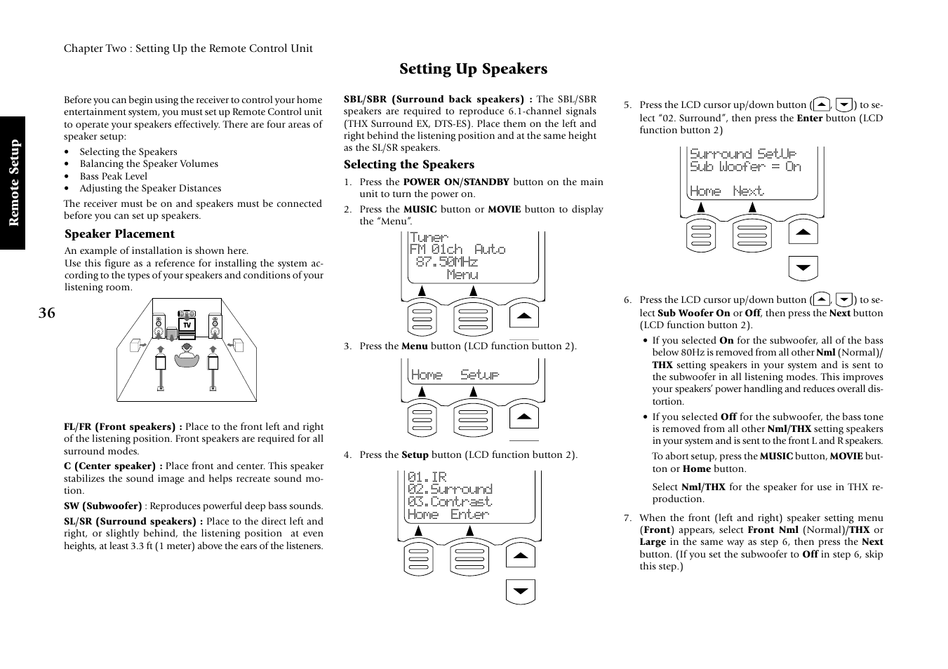 Setting up speakers, Speaker placement, Selecting the speakers | Kenwood VR-5080 User Manual | Page 42 / 60