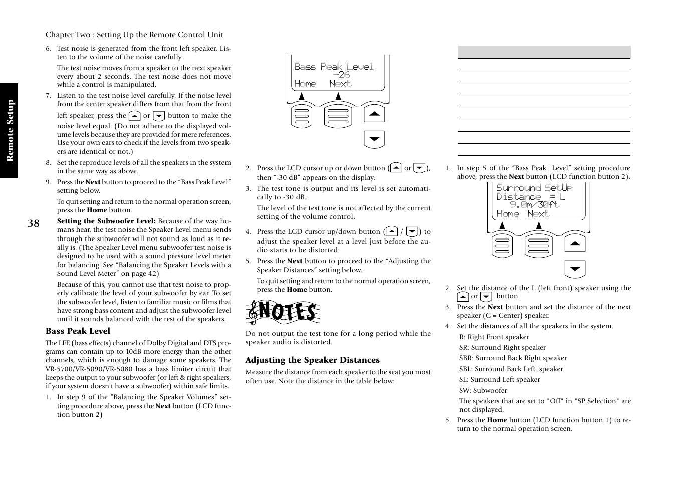 Bass peak level, Adjusting the speaker distances | Kenwood VR-5080 User Manual | Page 44 / 60