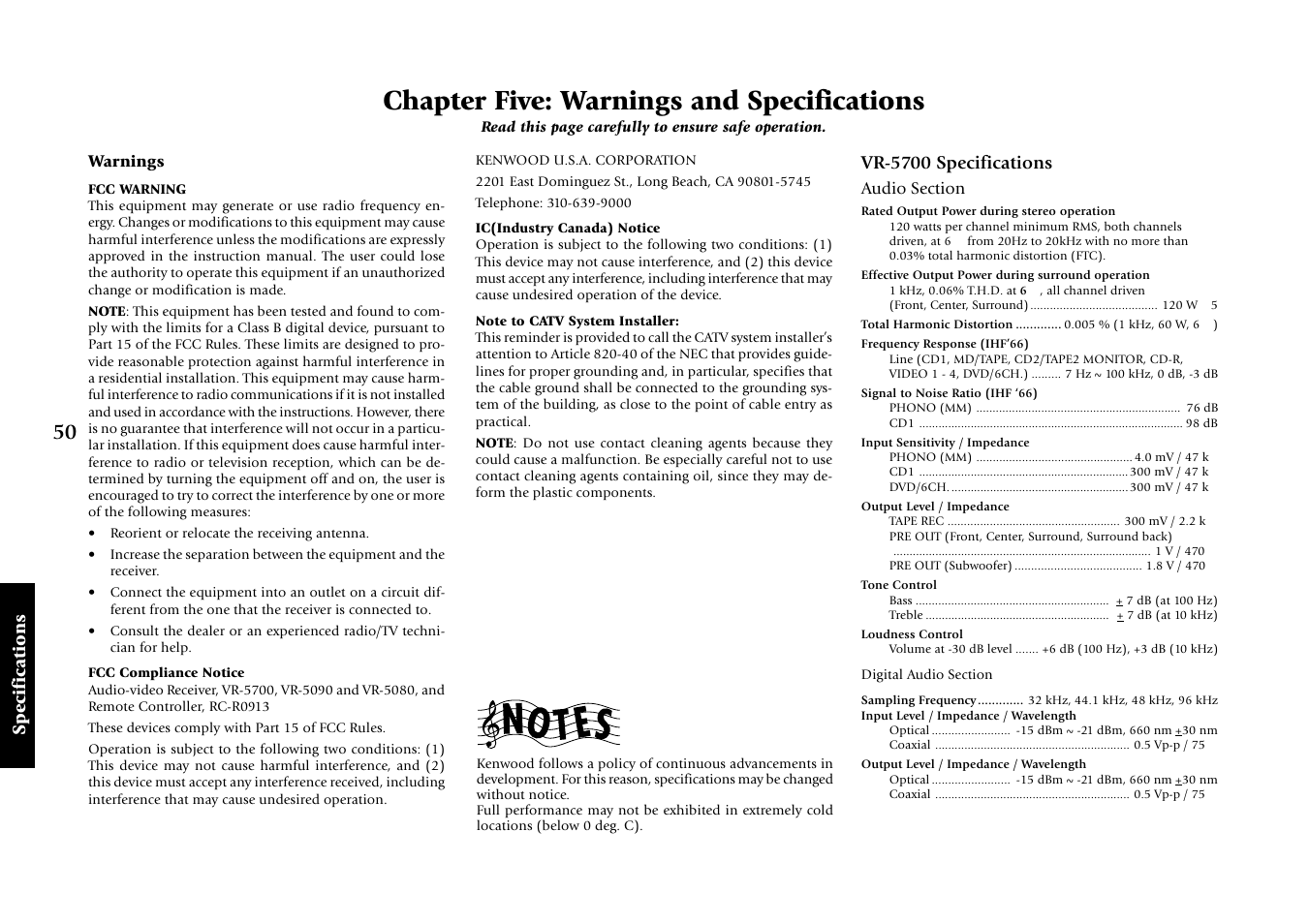 Chapter five: warnings and specifications, Warnings, Vr-5700 specifications | Kenwood VR-5080 User Manual | Page 56 / 60