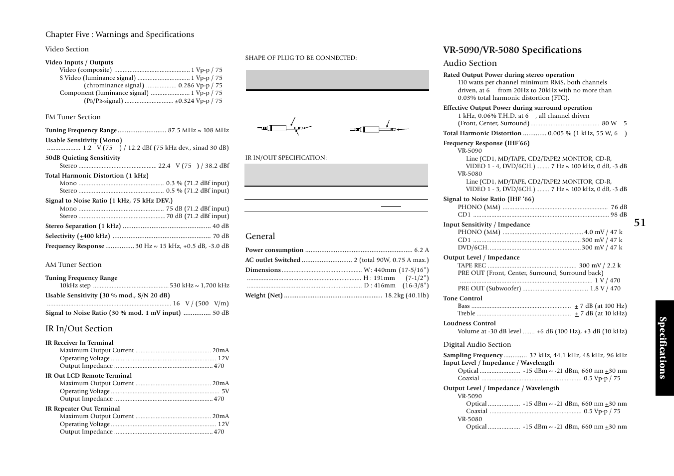 Vr-5090/vr-5080 specifications, Specifications | Kenwood VR-5080 User Manual | Page 57 / 60