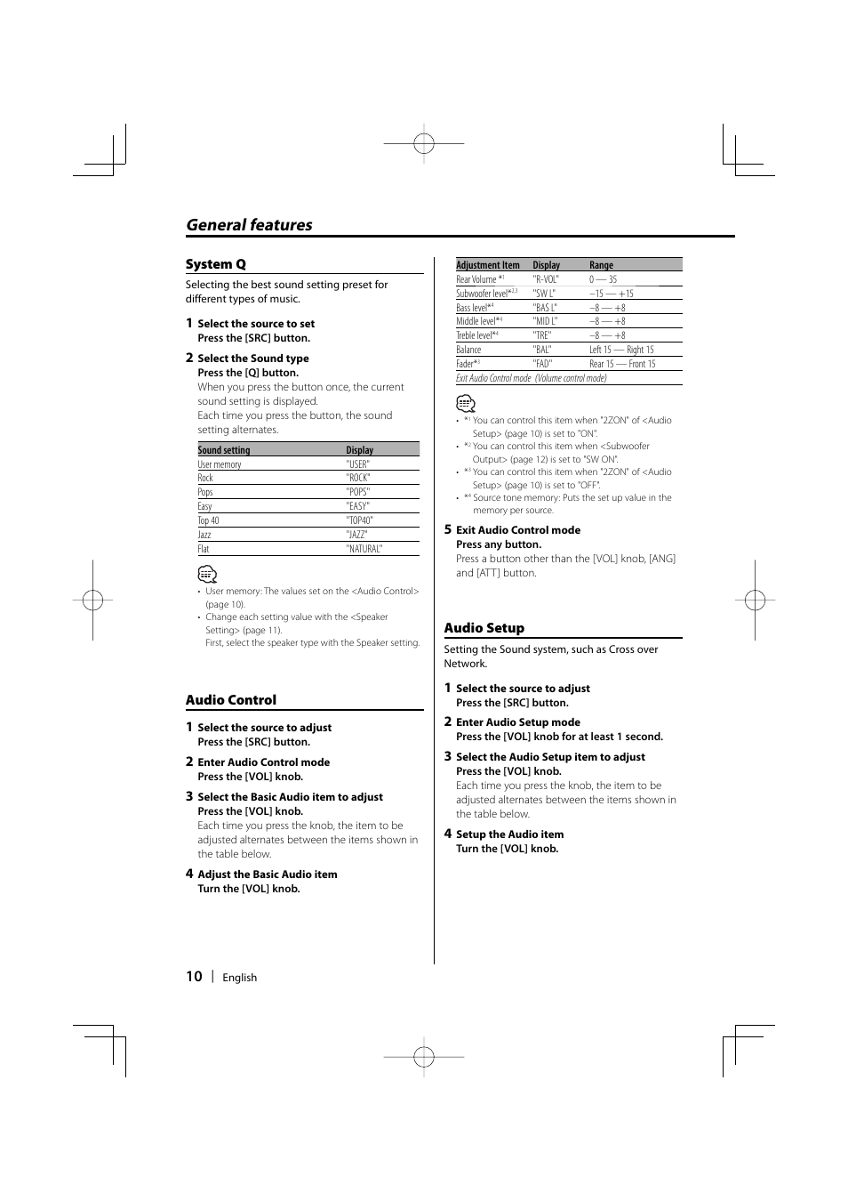 General features, System q, Audio control 1 | Audio setup | Kenwood KDC-MP5032 User Manual | Page 10 / 40