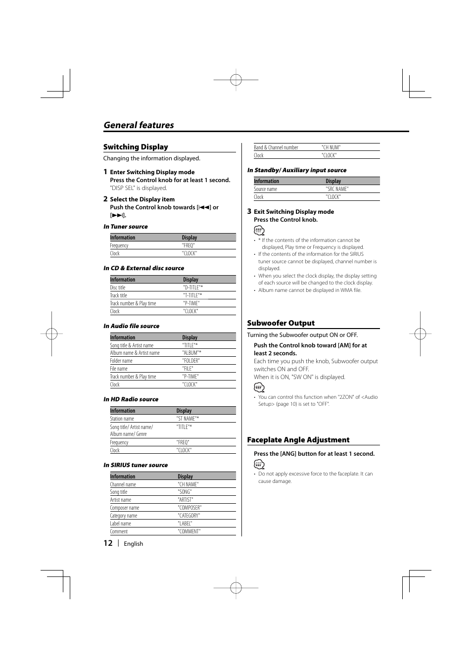 General features, Switching display, Subwoofer output | Faceplate angle adjustment | Kenwood KDC-MP5032 User Manual | Page 12 / 40