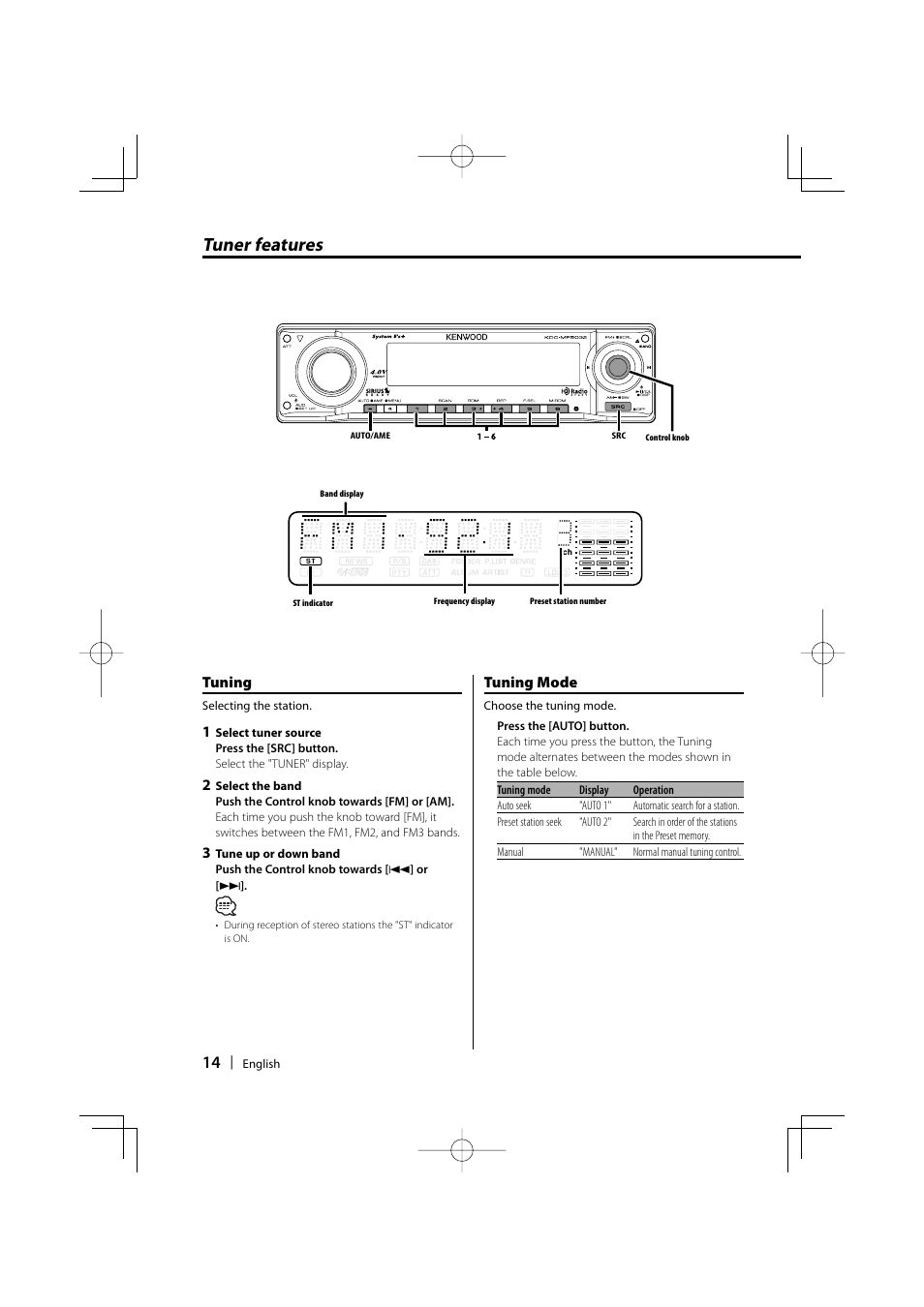 Tuner features, Tuning, Tuning mode | Kenwood KDC-MP5032 User Manual | Page 14 / 40