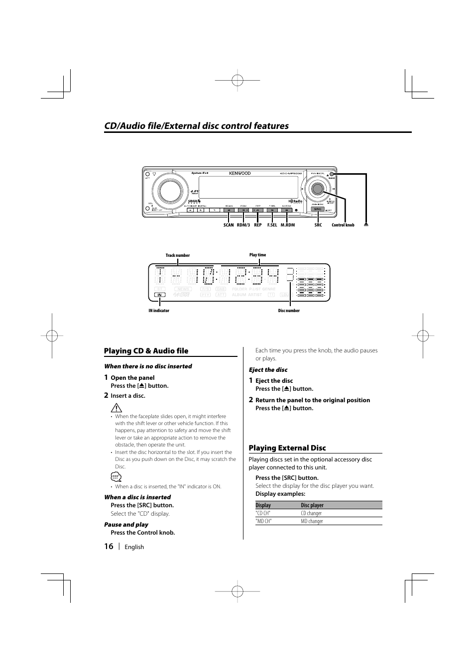 Cd/audio file/external disc control features, Playing cd & audio file, Playing external disc | Kenwood KDC-MP5032 User Manual | Page 16 / 40