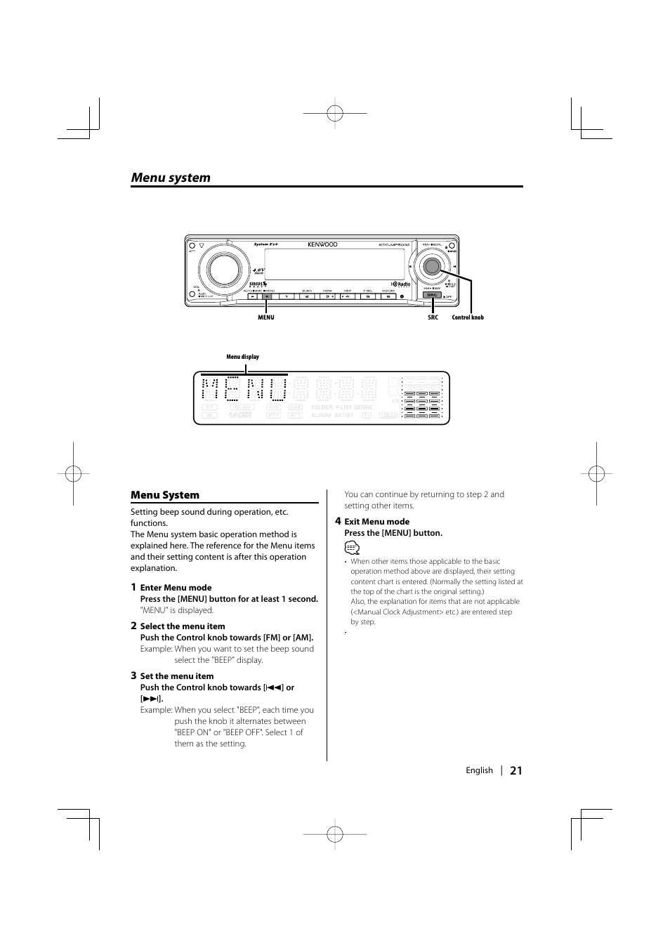 Menu system | Kenwood KDC-MP5032 User Manual | Page 21 / 40