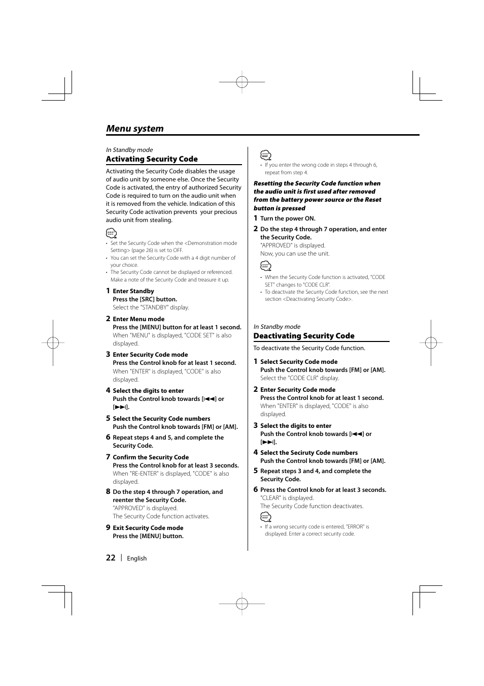 Menu system | Kenwood KDC-MP5032 User Manual | Page 22 / 40
