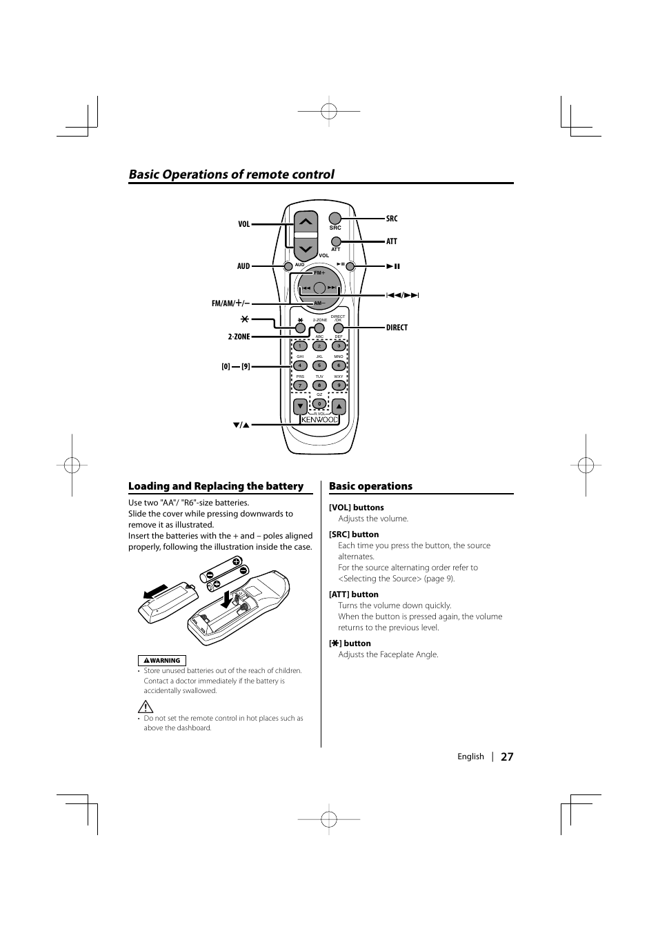 Basic operations of remote control, Loading and replacing the battery, Basic operations | Kenwood KDC-MP5032 User Manual | Page 27 / 40