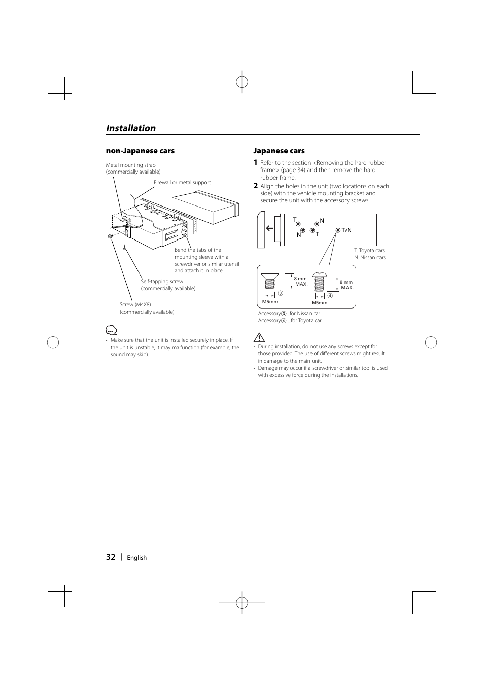 Installation, Non-japanese cars japanese cars 1 | Kenwood KDC-MP5032 User Manual | Page 32 / 40