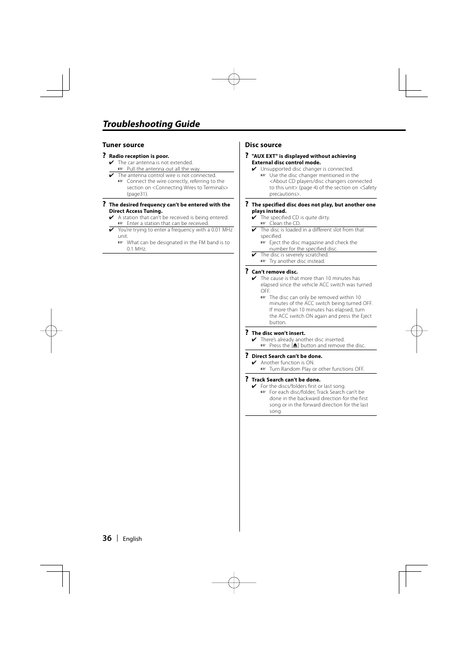 Troubleshooting guide | Kenwood KDC-MP5032 User Manual | Page 36 / 40