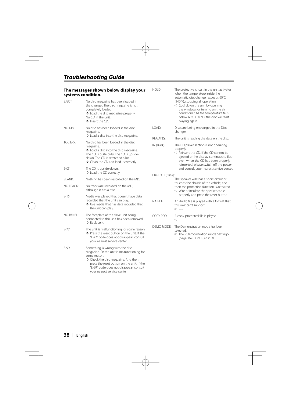 Troubleshooting guide | Kenwood KDC-MP5032 User Manual | Page 38 / 40