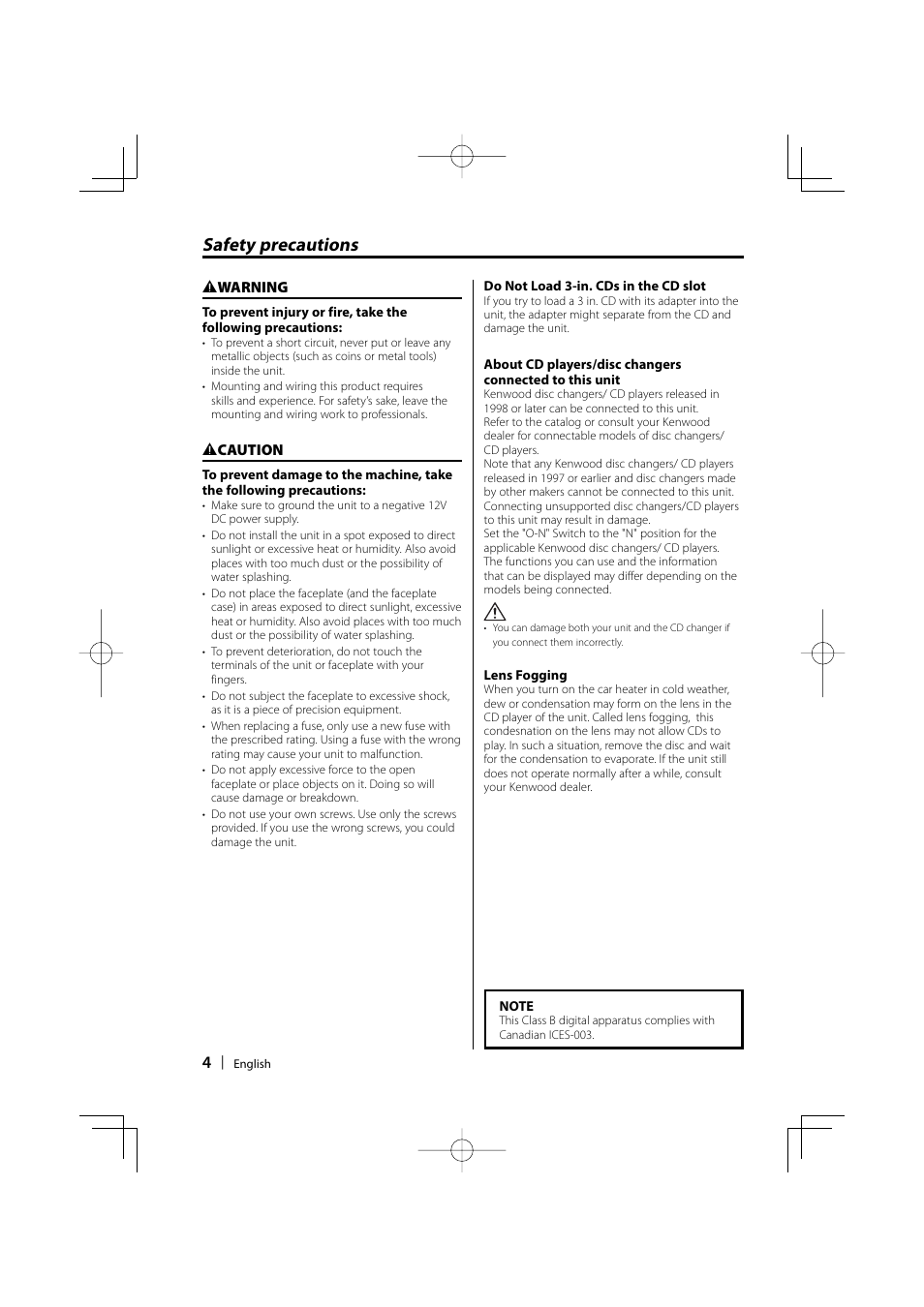 Safety precautions | Kenwood KDC-MP5032 User Manual | Page 4 / 40