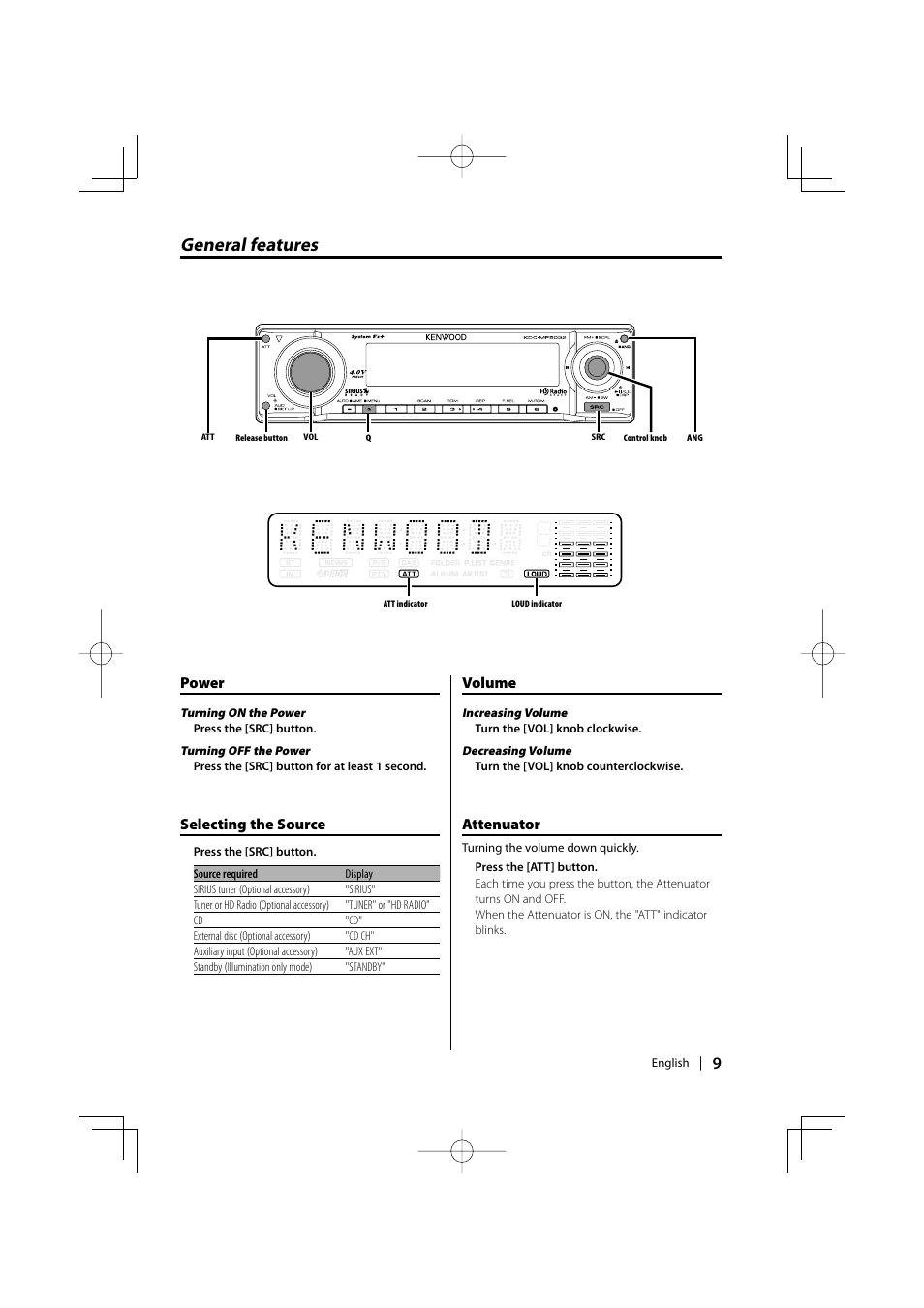 General features, Power, Selecting the source | Volume, Attenuator | Kenwood KDC-MP5032 User Manual | Page 9 / 40