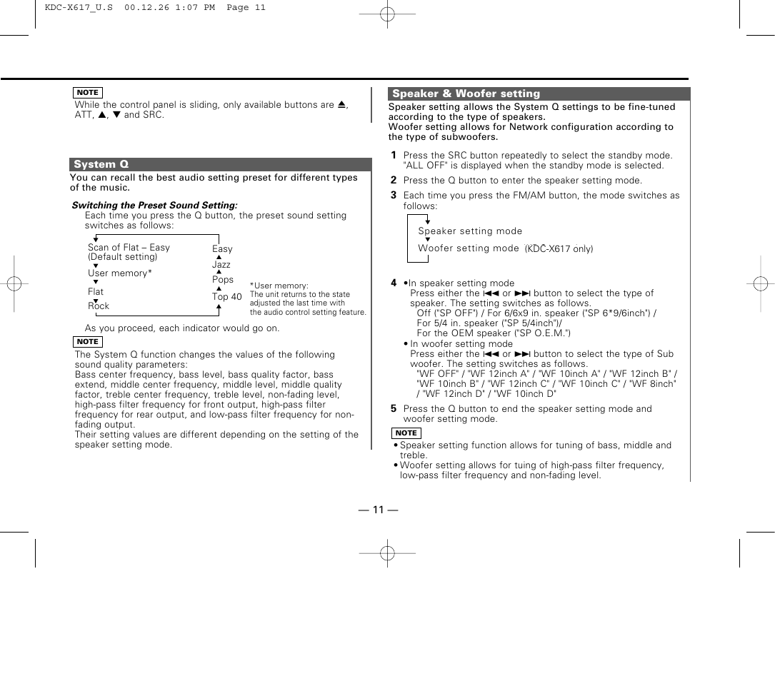 System q, Speaker & woofer setting | Kenwood KDC-516S User Manual | Page 11 / 45